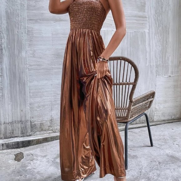 METALLIC BRONZE SHIRRED TUBE POCKETED JUMPSUIT TRENDING FALL ELEGANT PARTY - Picture 3 of 6